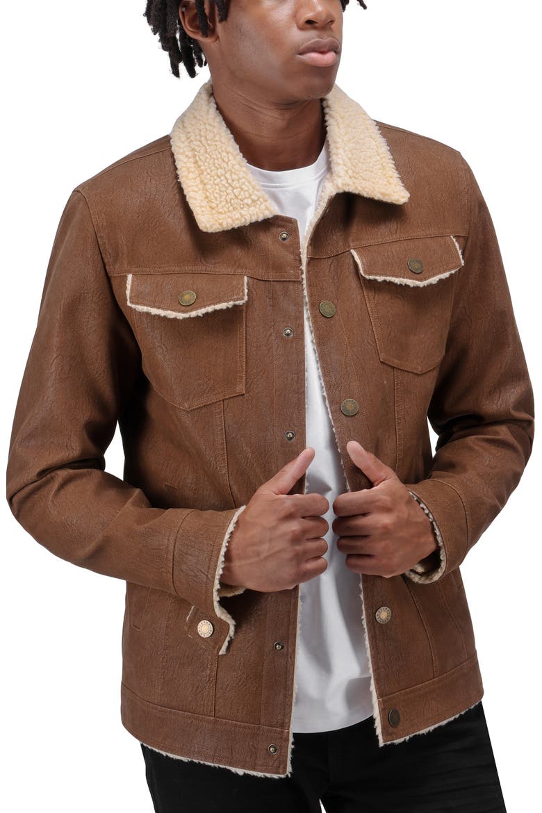 Faux Shearling Lined Trucker Jacket, Alternate, color, BROWN