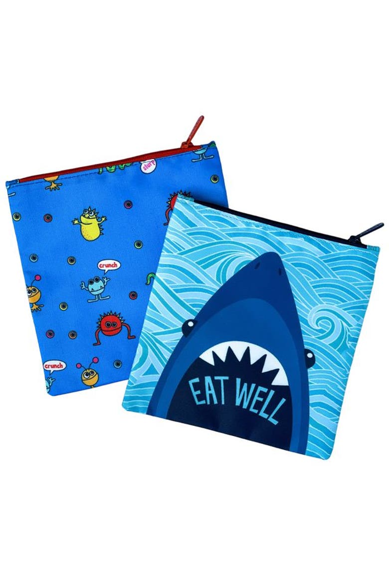 Reusable Sandwich Bags - Insulated, Washable, Eco-Friendly Fabric Pouches for Snacks, Wraps & Lunches, Main, color, Shark and Funny Monsters