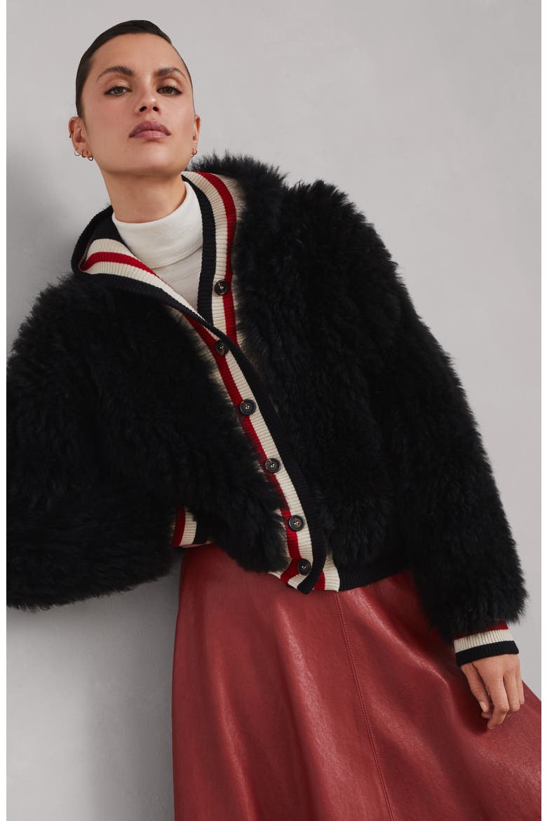 Cozy shearling hooded cardigan in cashmere, Alternate, color, Black