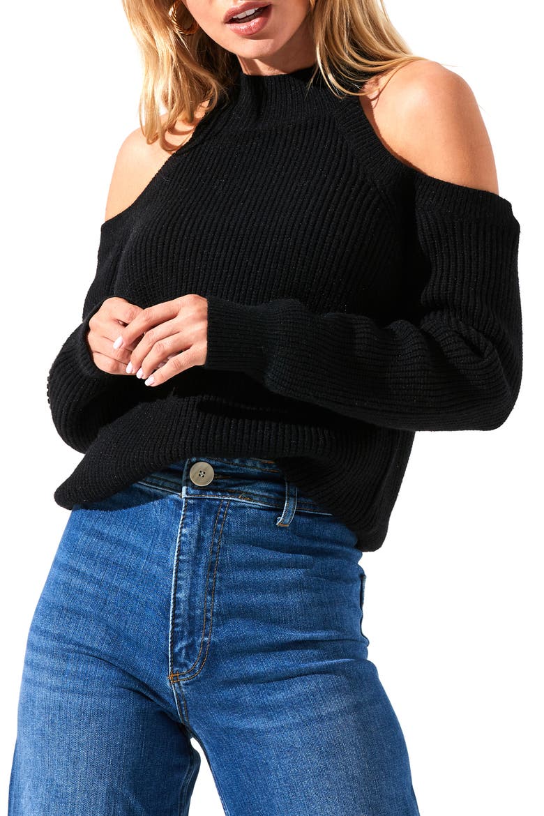 Cold Shoulder Mock Neck Sweater, Main, color, BLACK
