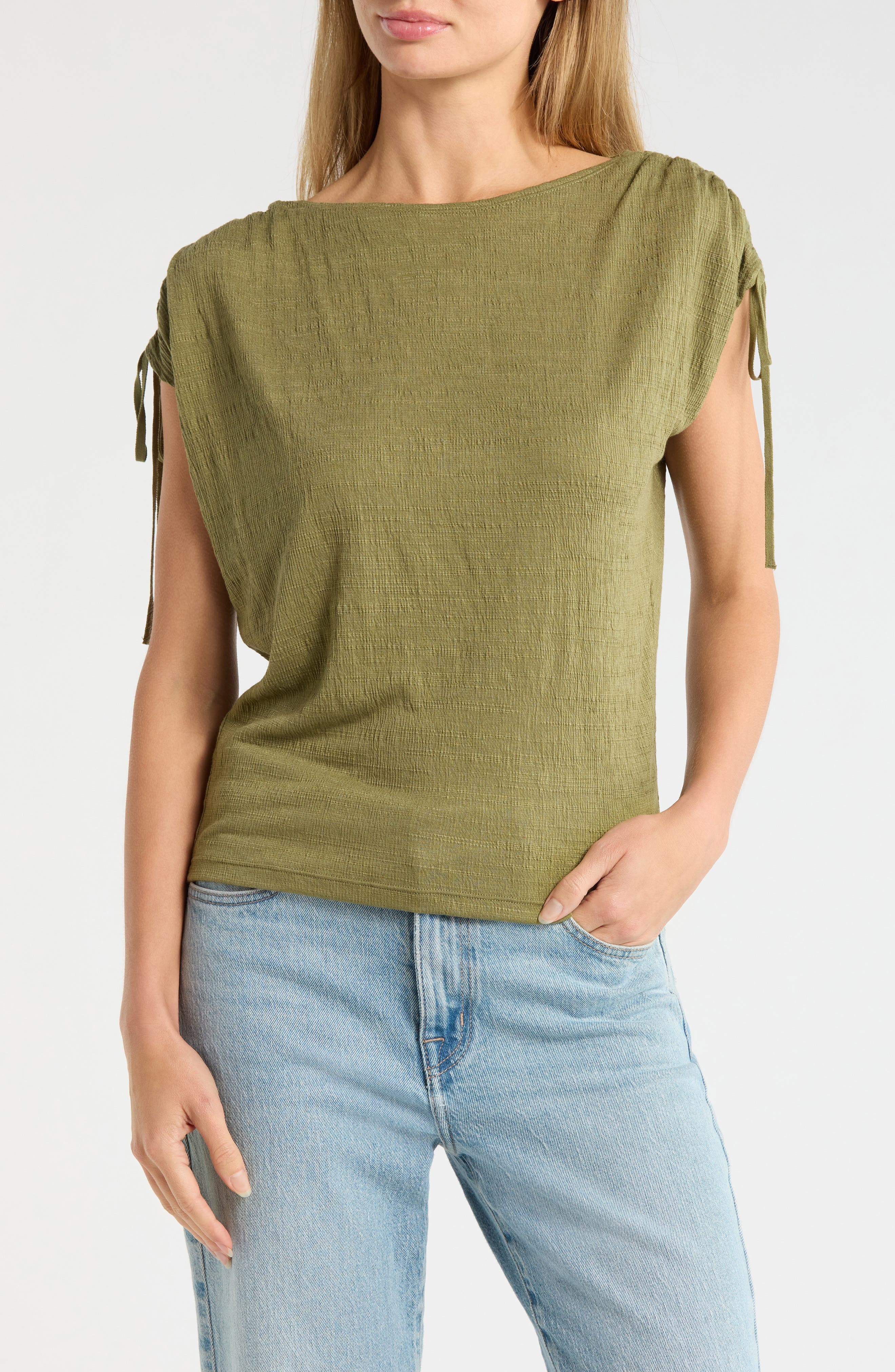 MAX STUDIO Ruched Shoulder Textured Knit Top