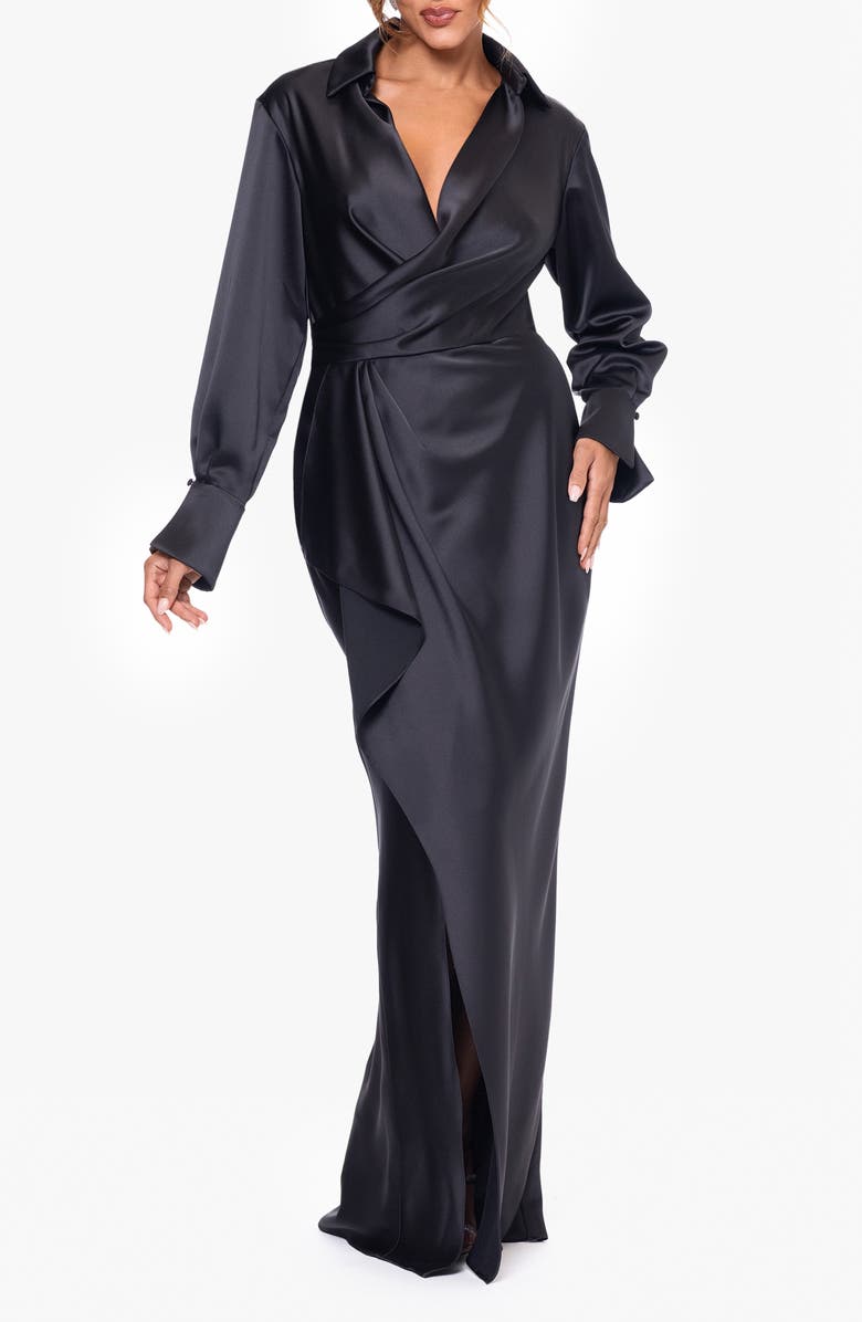 Xscape Evenings Collar Long Sleeve Satin Gown, Main, color, Black