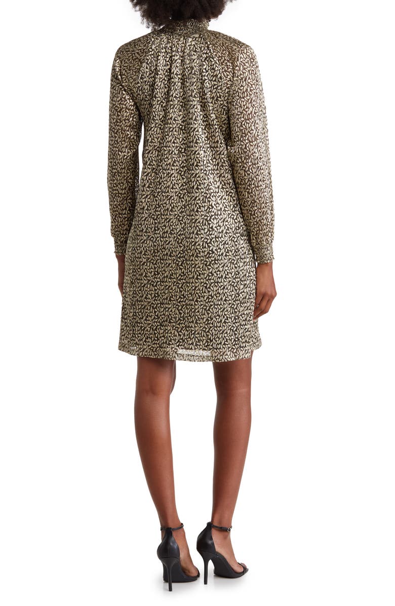 Nina Leonard Smock Neck Float Foiled Print Trapeze Cocktail Dress, Alternate, color, Black/Gold