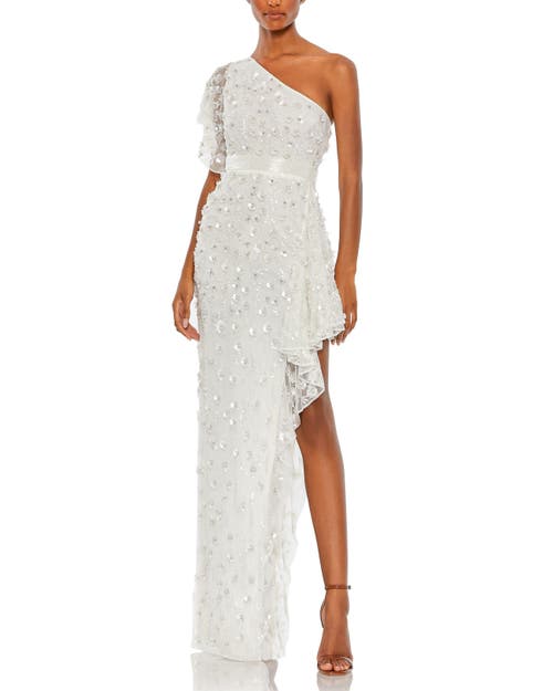 Mac Duggal One-shoulder Beaded 3d Embellishments Gown