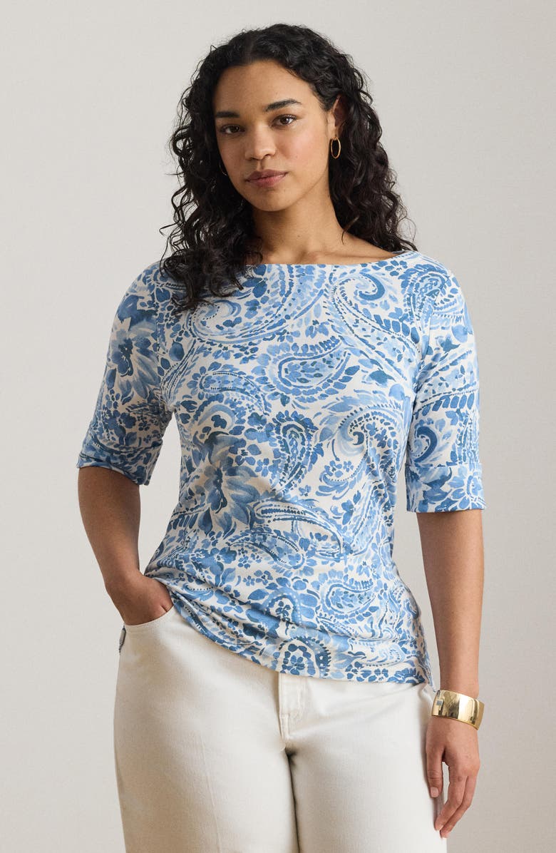 Lauren Ralph Lauren Paisley Print Boat Neck T-Shirt, Alternate, color, White/ Blue