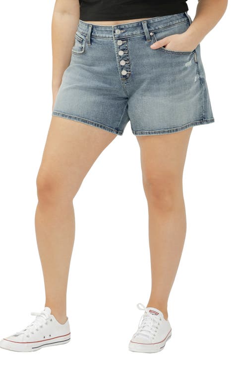 Exposed Button Mid Rise Denim Boyfriend Shorts (Summers Beach)