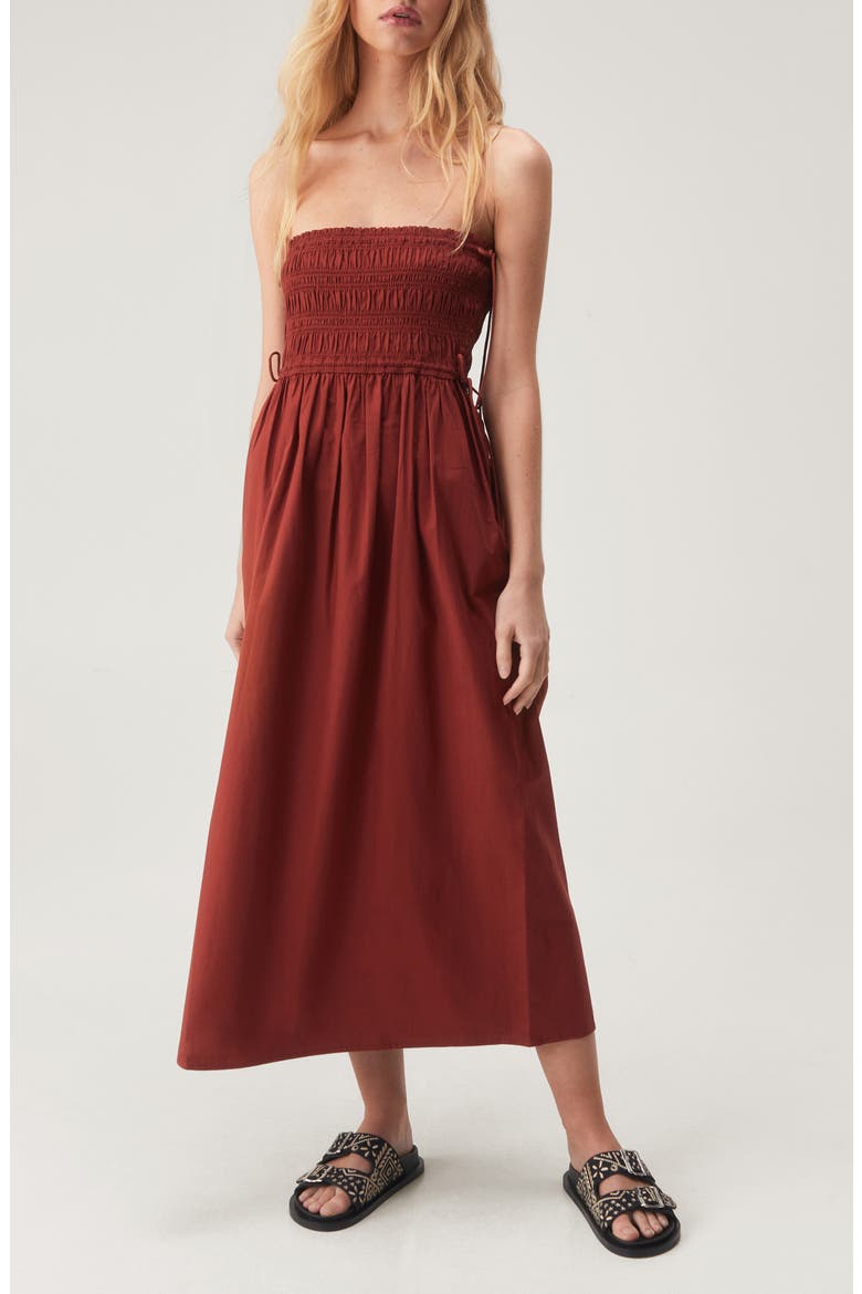 Smocked Strapless Cotton Midi Dress, Main, color, RUST
