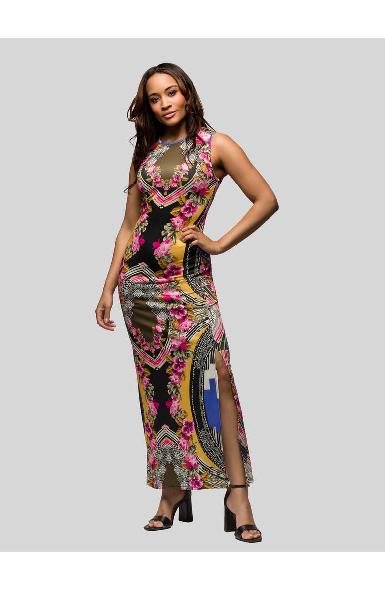 24seven Comfort Apparel Geometric Print Sleeveless Side Slit Maxi Dress, Main, color, Pink Multi