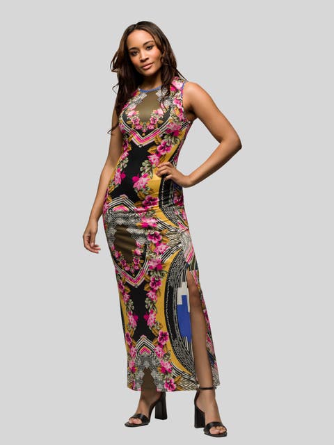Geometric Print Sleeveless Side Slit Maxi Dress