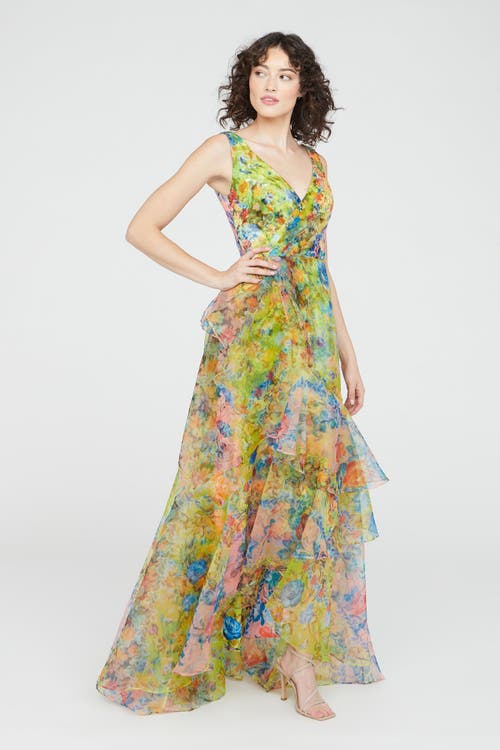 Theia Mindy Organza V-neck Gown In Heritage Patchwork Floral In Multi