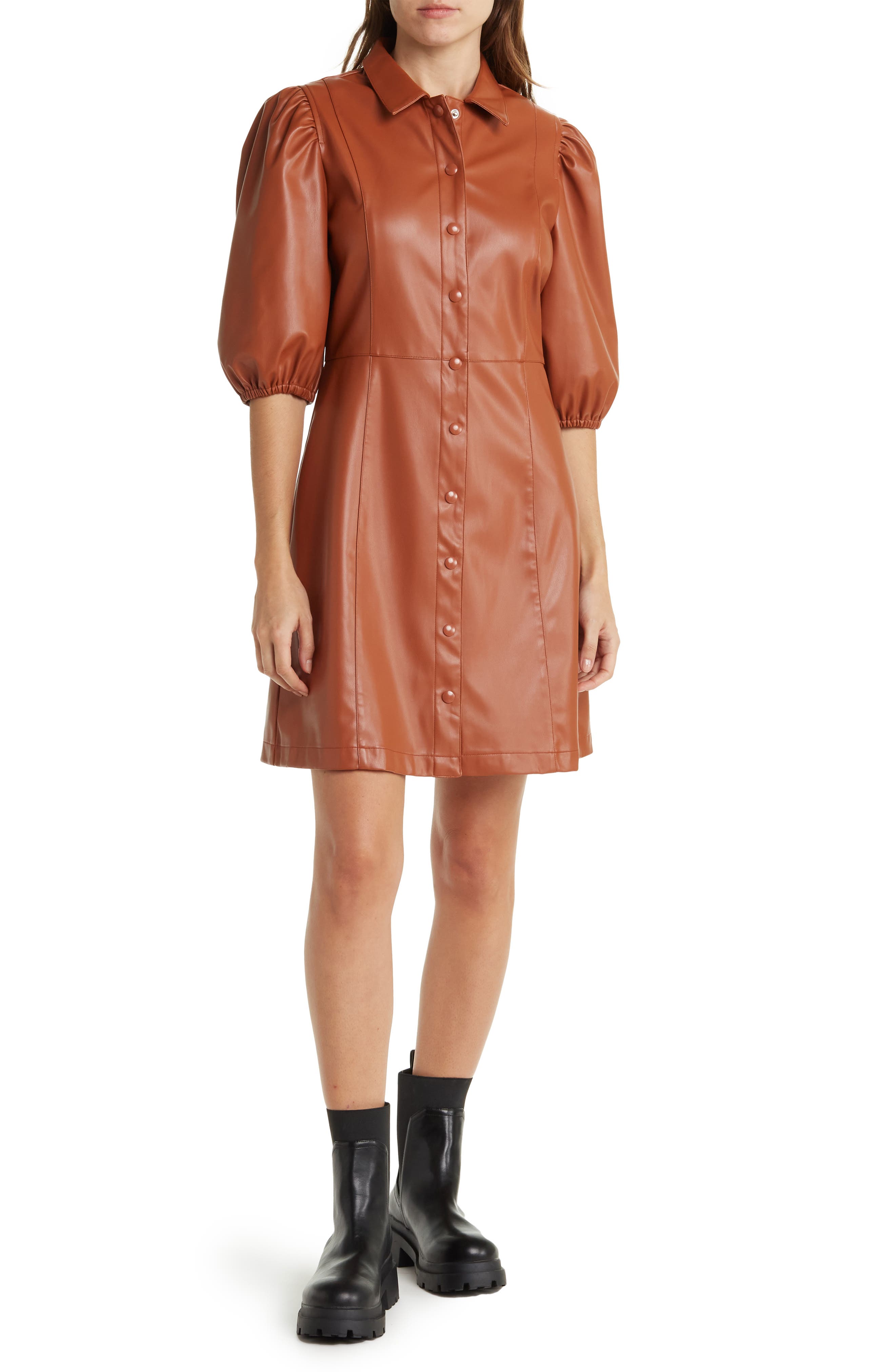 Lucy Paris Faux Leather Short Sleeve Shirtdress (Women) | Nordstromrack
