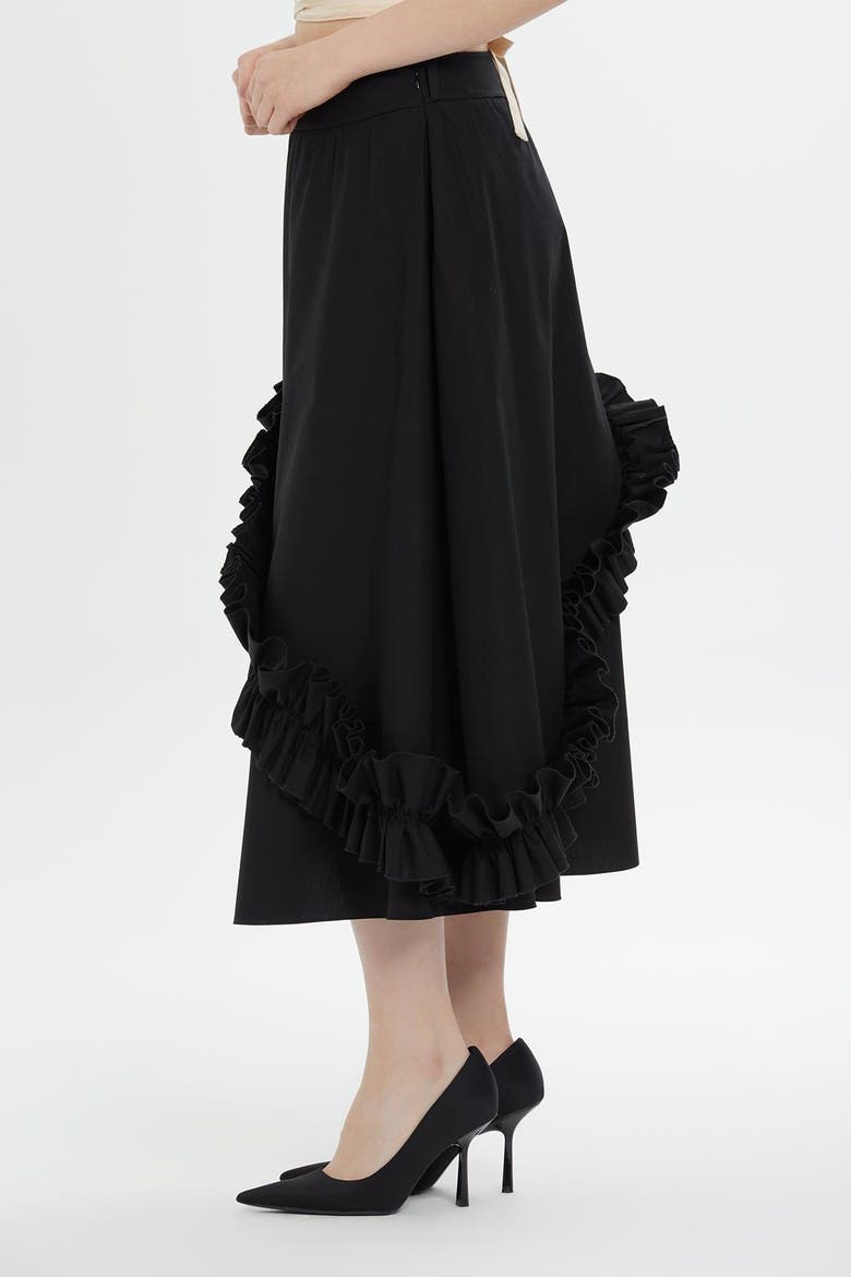 Asymmetric Ruffle Cotton Midi Skirt, Alternate, color, Black