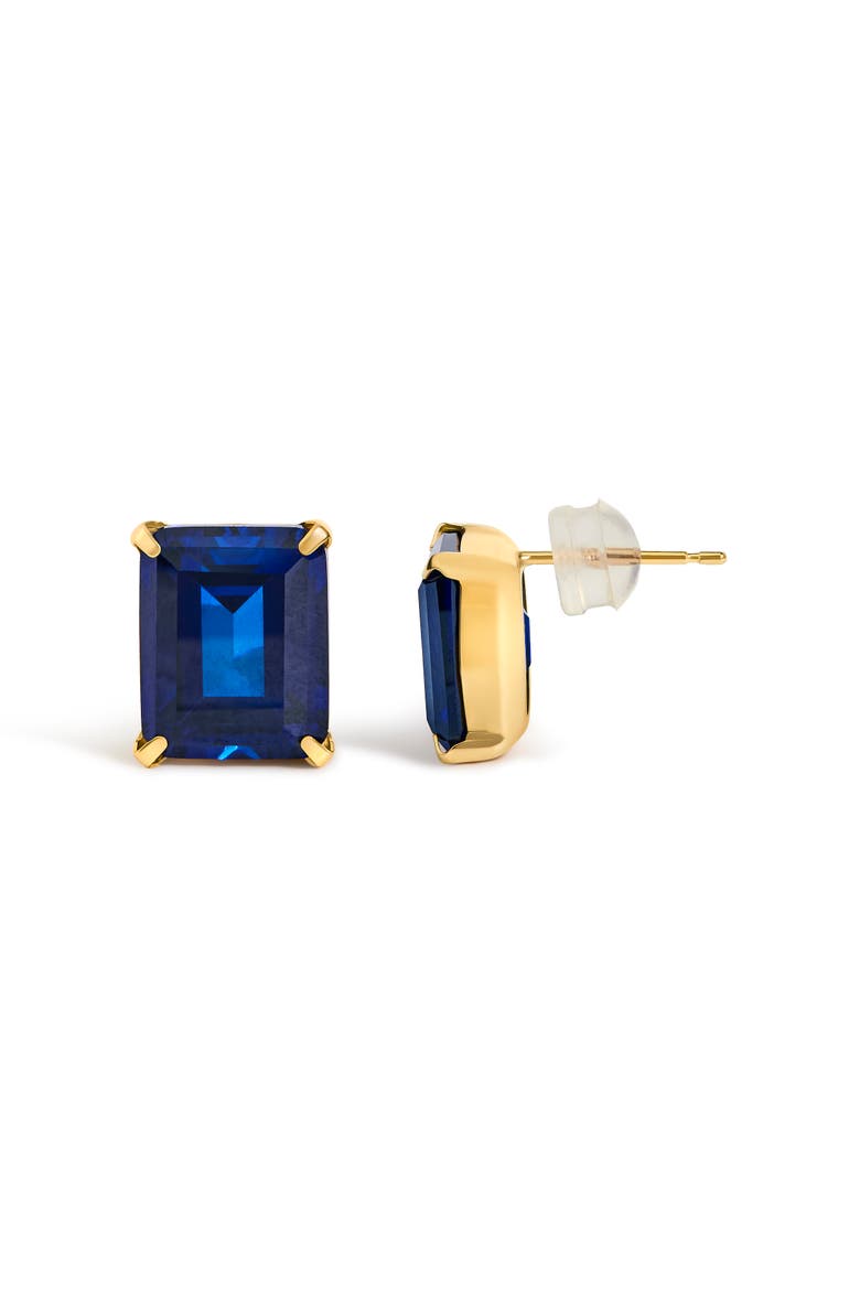 18K Yellow Gold 10x8 MM Lab Created Blue Sapphire Emerald Cut Solitaire Stud Earrings, Alternate, color, Yellow Gold