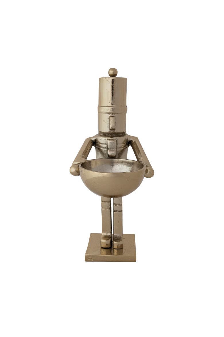 Cast Aluminum Nutcracker Bowl with Reclaimed Wood Base, Main, color, Gold