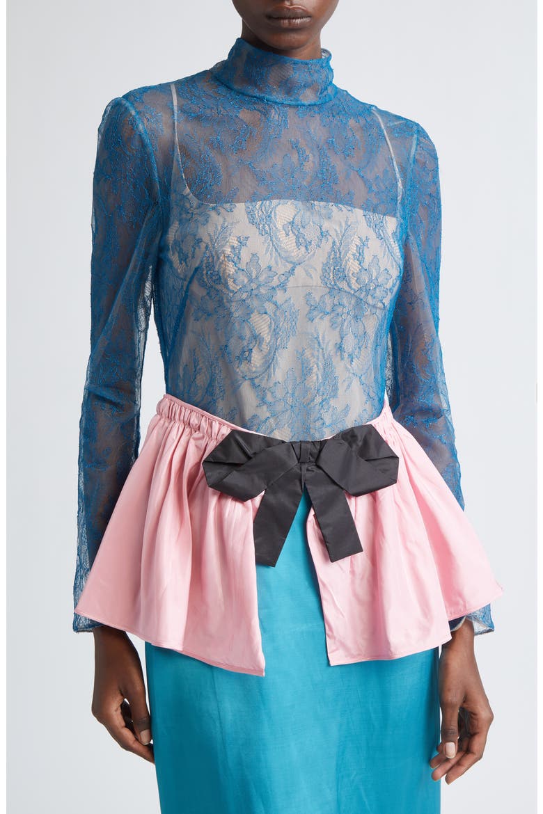 Long Sleeve Lace & Satin Mock Two-Piece Dress, Alternate, color, BLUE/ RED