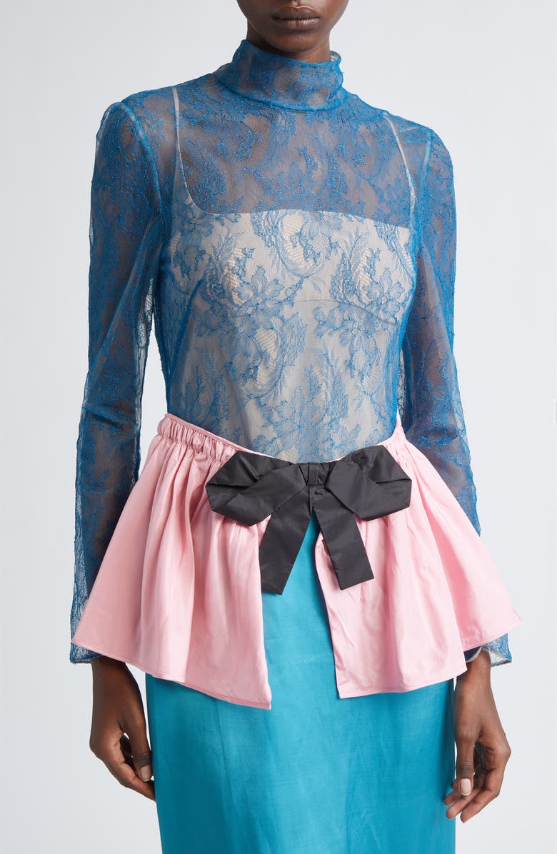 Valentino Long Sleeve Lace & Satin Mock Two-Piece Dress, Alternate, color, Blue/ Red