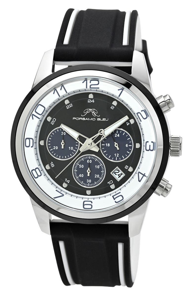 PORSAMO BLEU Arthur Chronograph Leather of Silicone Strap Watch, 44mm, Main, color, Black/ White/ Black