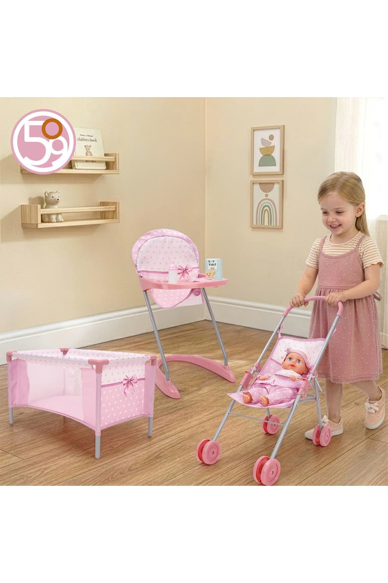 Bow Travel Care N' Feed Doll Set Stroller Accessories 9pc, Alternate, color, Multicolored