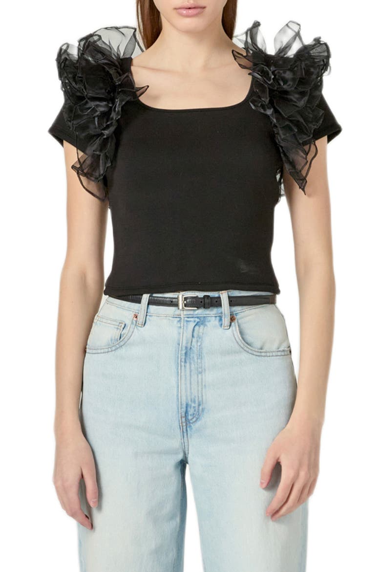 Organza Trim Top, Main, color, BLACK