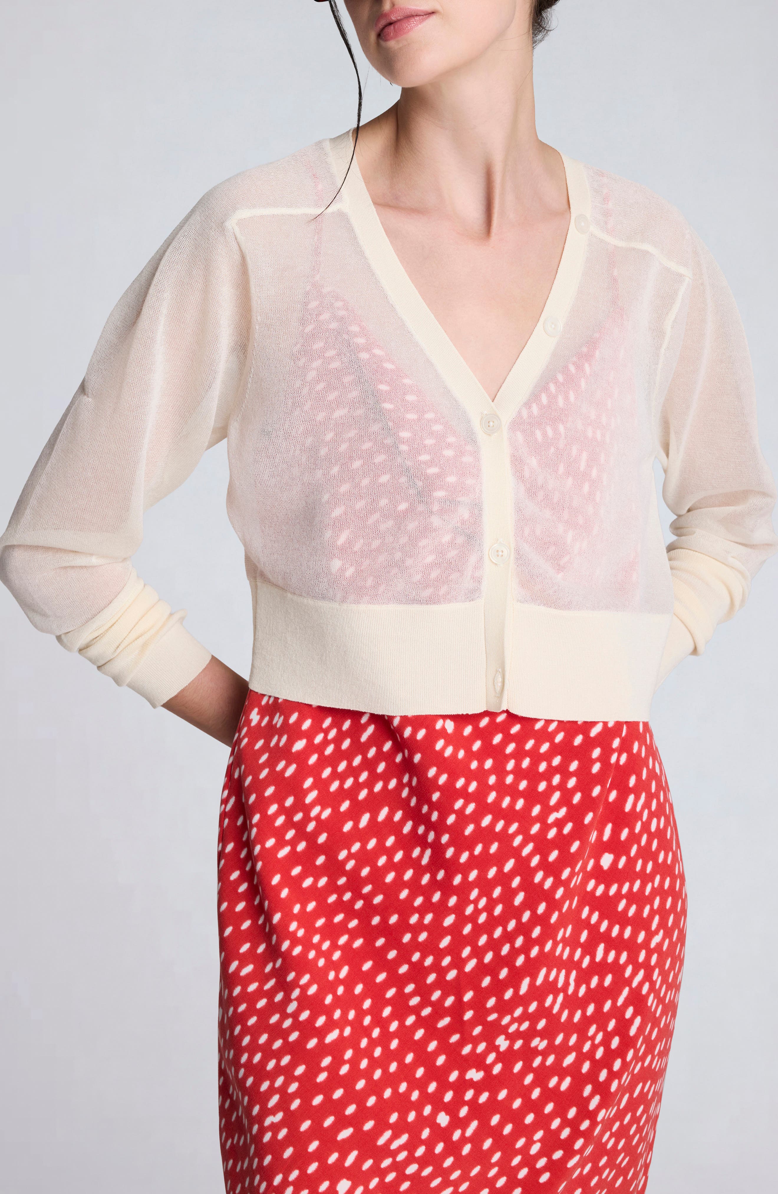 Crop Sheer Saddle Shoulder Cardigan