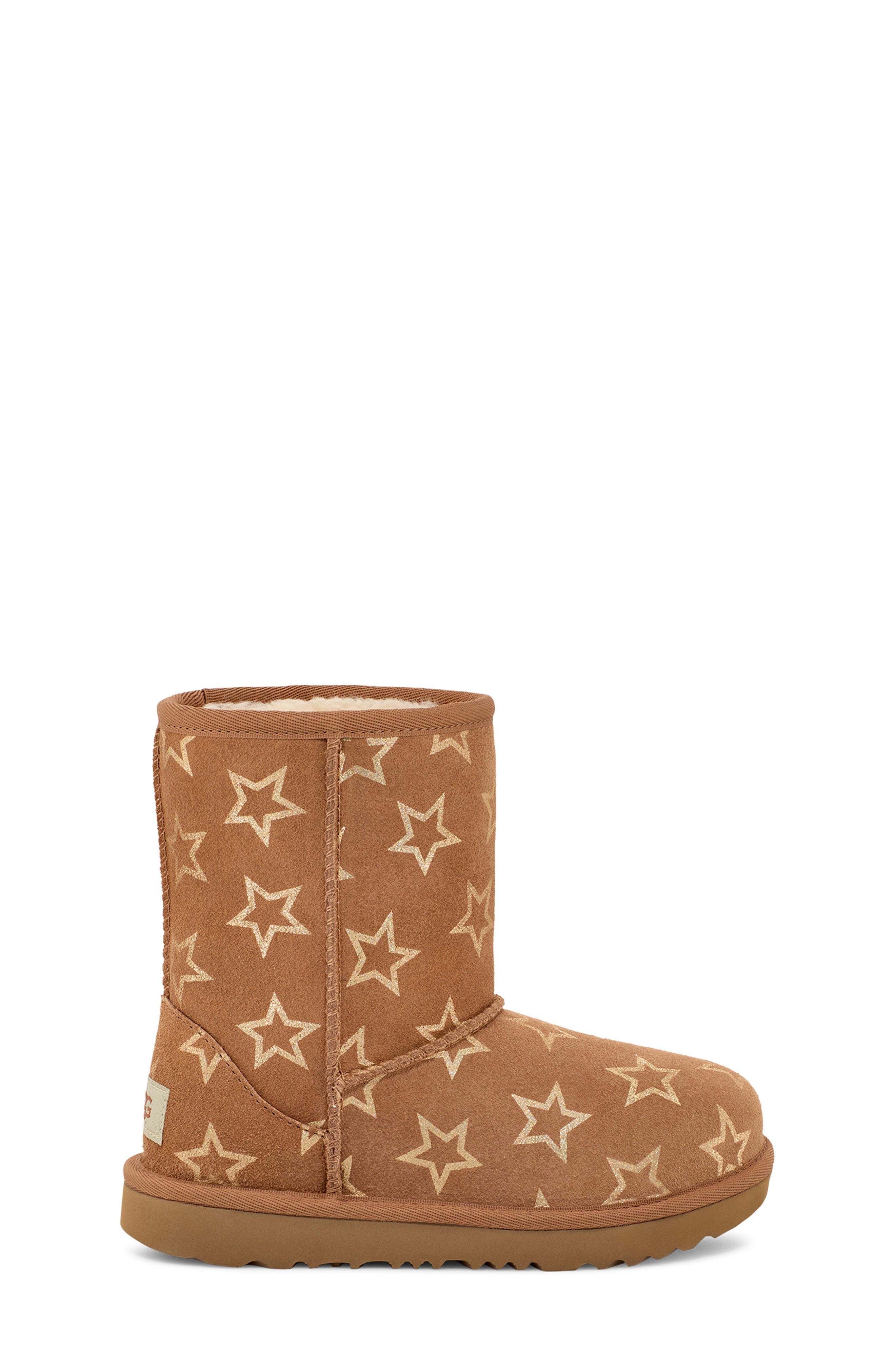 UGG<sup>®</sup> Kids' Classic II Iridescent Stars Boot, Alternate, color, Chestnut / Gold Iridescent