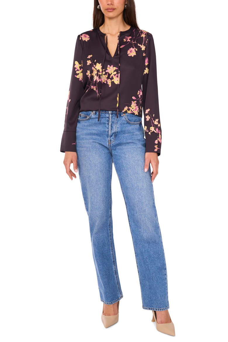 Floral Split Neck Top, Alternate, color, RICH BLACK