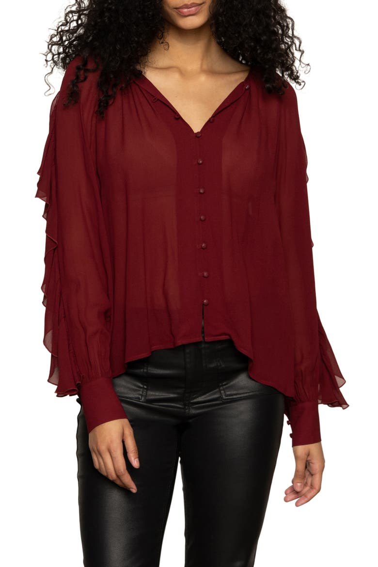 Harmony Ruffle Sleeve Button-Up Shirt, Main, color, CRIMSON RED