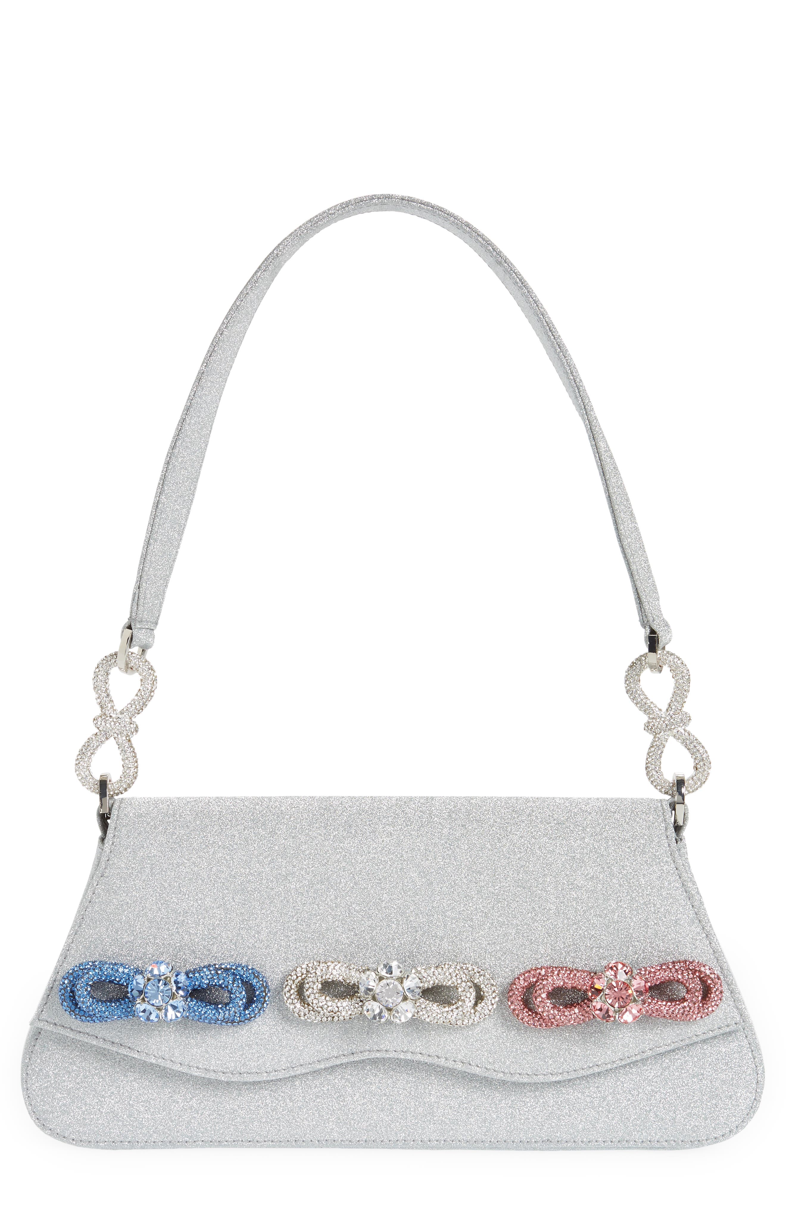 Large Triple Bow Glitter Shoulder Bag, Main, color, SILVER