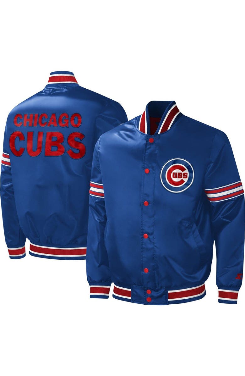 STARTER Men's Starter Royal Chicago Cubs Midfield Satin Full-Snap Varsity Jacket, Main, color,