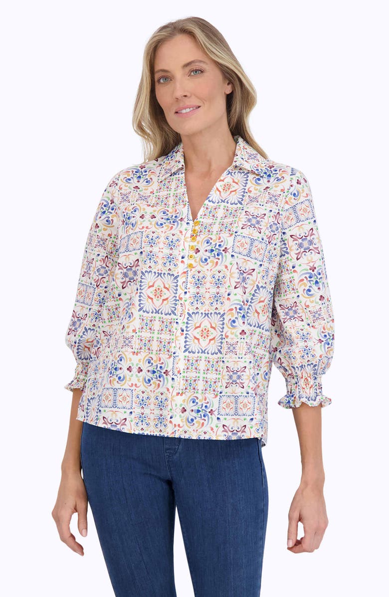 Foxcroft Alexis Watercolor Print Cotton Popover Top, Alternate, color, White Multi