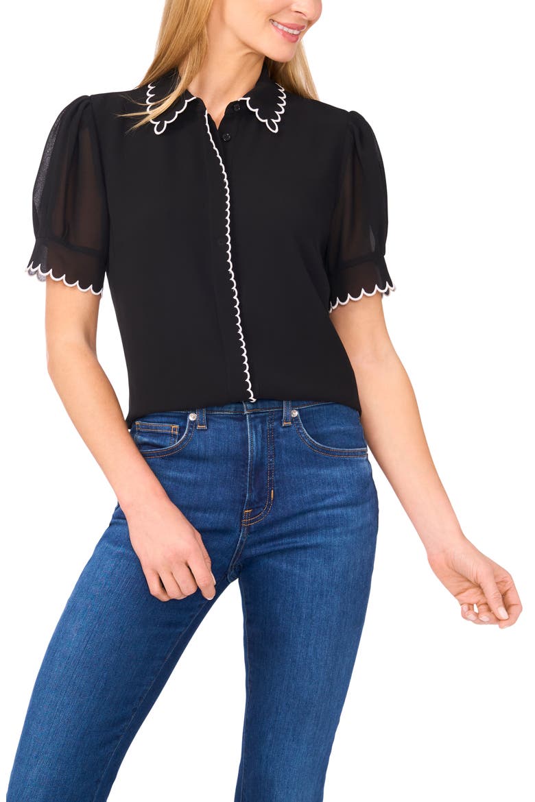 Scallop Trim Puff Sleeve Button-Up Shirt, Main, color, RICH BLACK