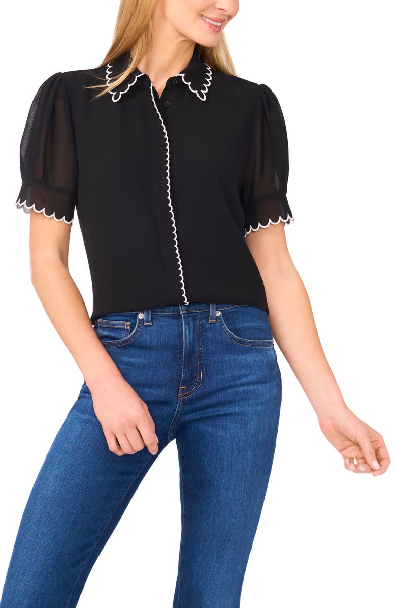 CeCe Scallop Trim Puff Sleeve Button-Up Shirt, Main, color, 