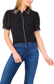 CeCe Scallop Trim Puff Sleeve Button-Up Shirt