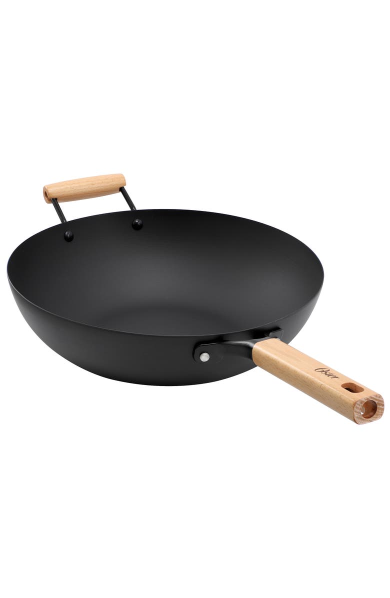 OSTER Northcliffe 13.5 Inch Round Carbon Steel Flat Base Wok with Wooden Handles, Main, color, Black