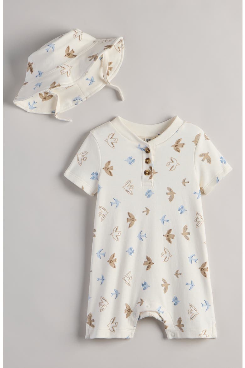 Print Romper & Hat Set, Main, color, IVORY- TAN HEART BIRDS