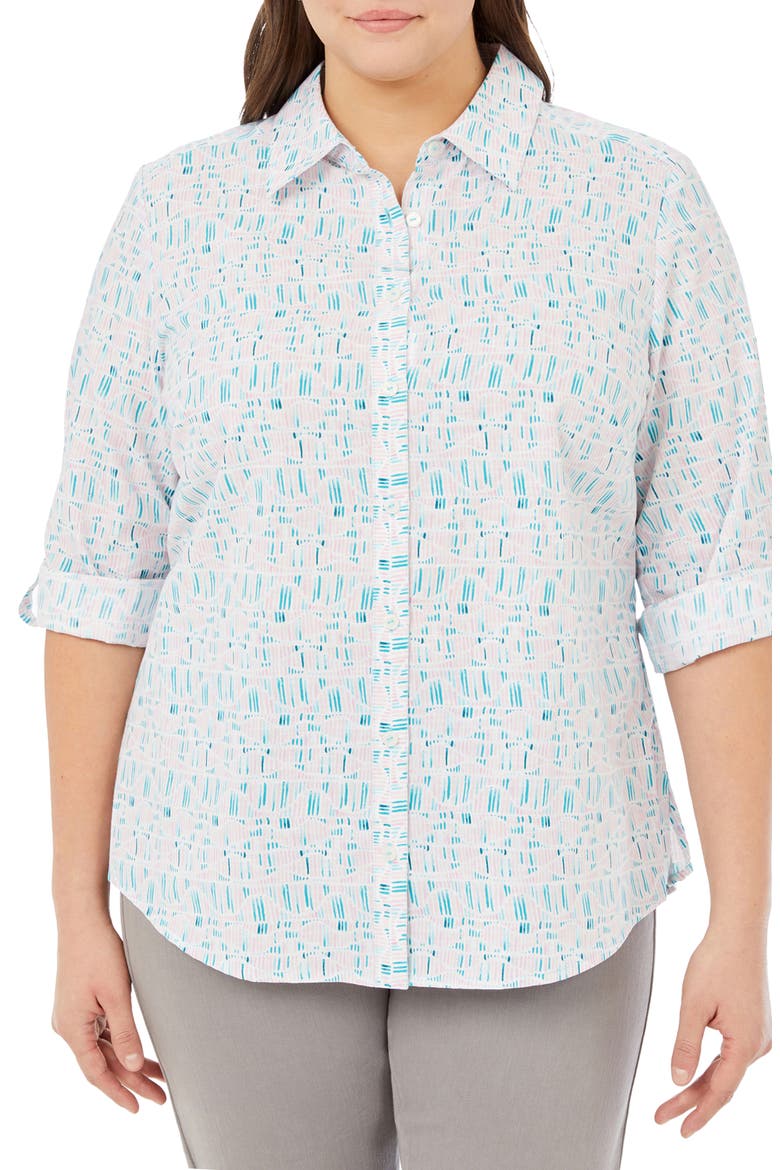 Zoey Printed Roll Tab Cotton Button-Up Shirt, Main, color, OCEANSIDE