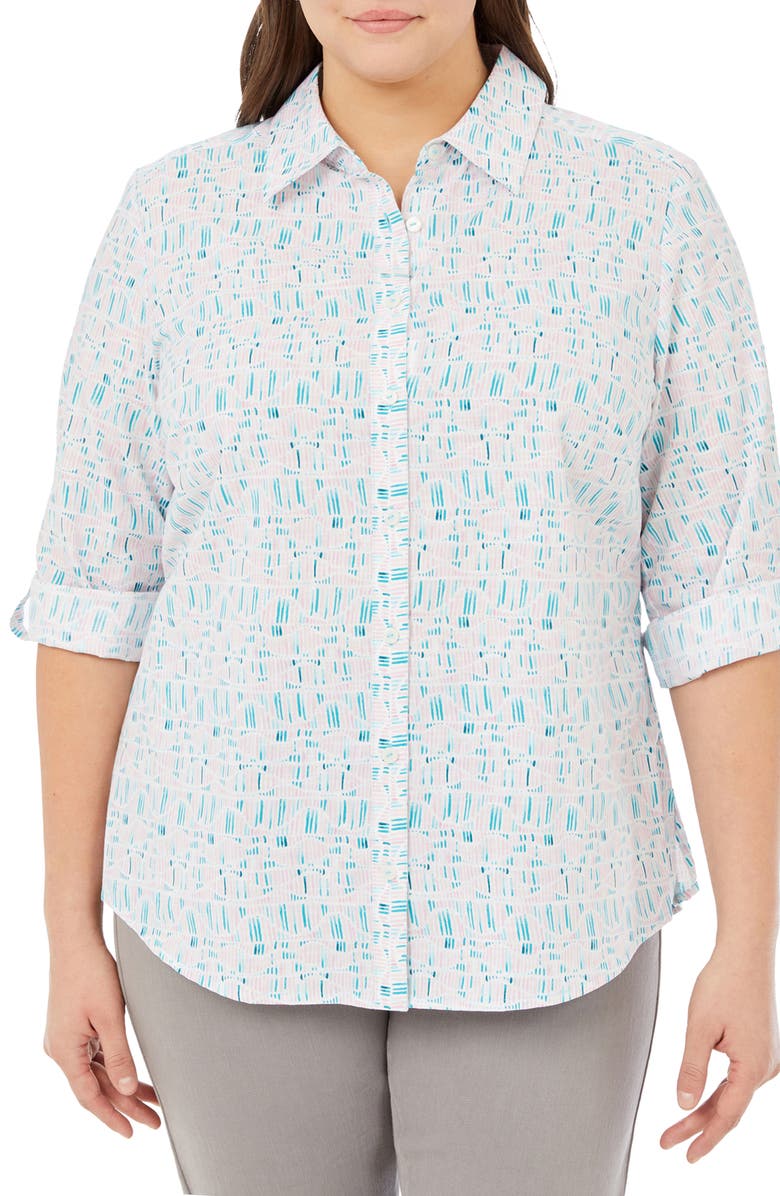 Foxcroft Zoey Printed Roll Tab Cotton Button-Up Shirt, Main, color, 
