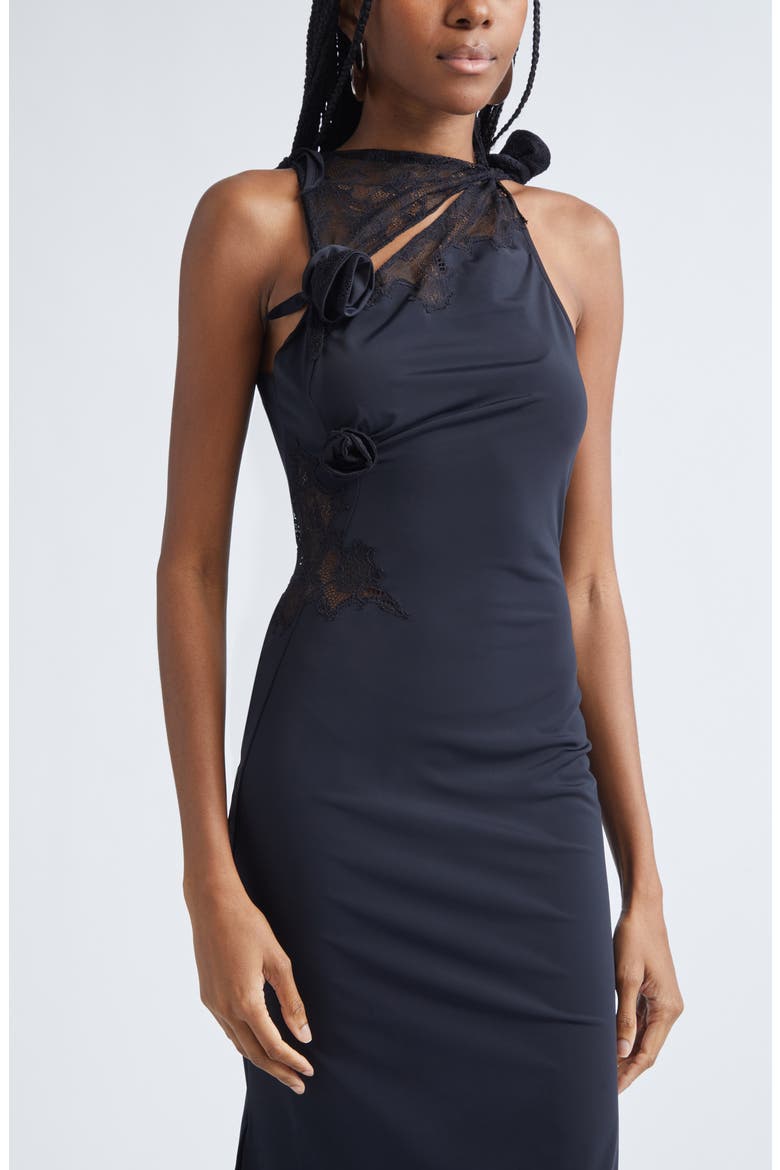 Flower Asymmetric Lace Dress, Alternate, color, BLACK