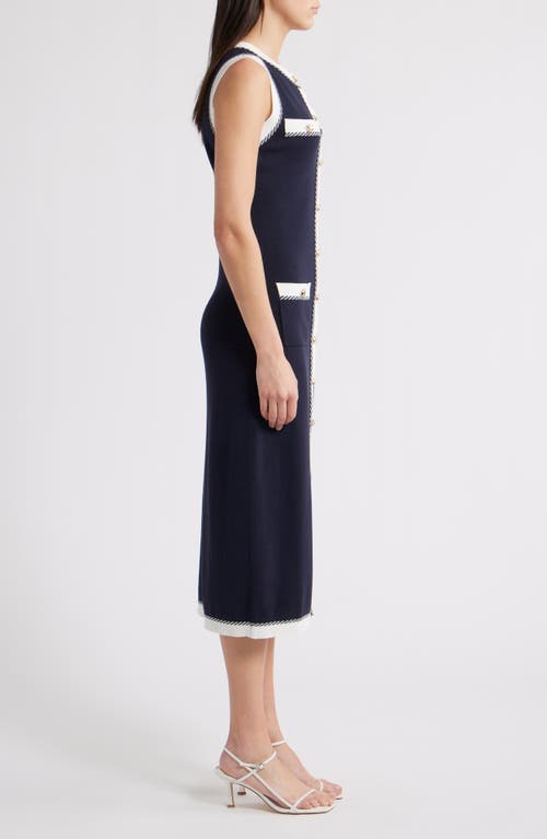 Zoe And Claire Contrast Piping Sleeveless Button-up Sweater Dress In Blue