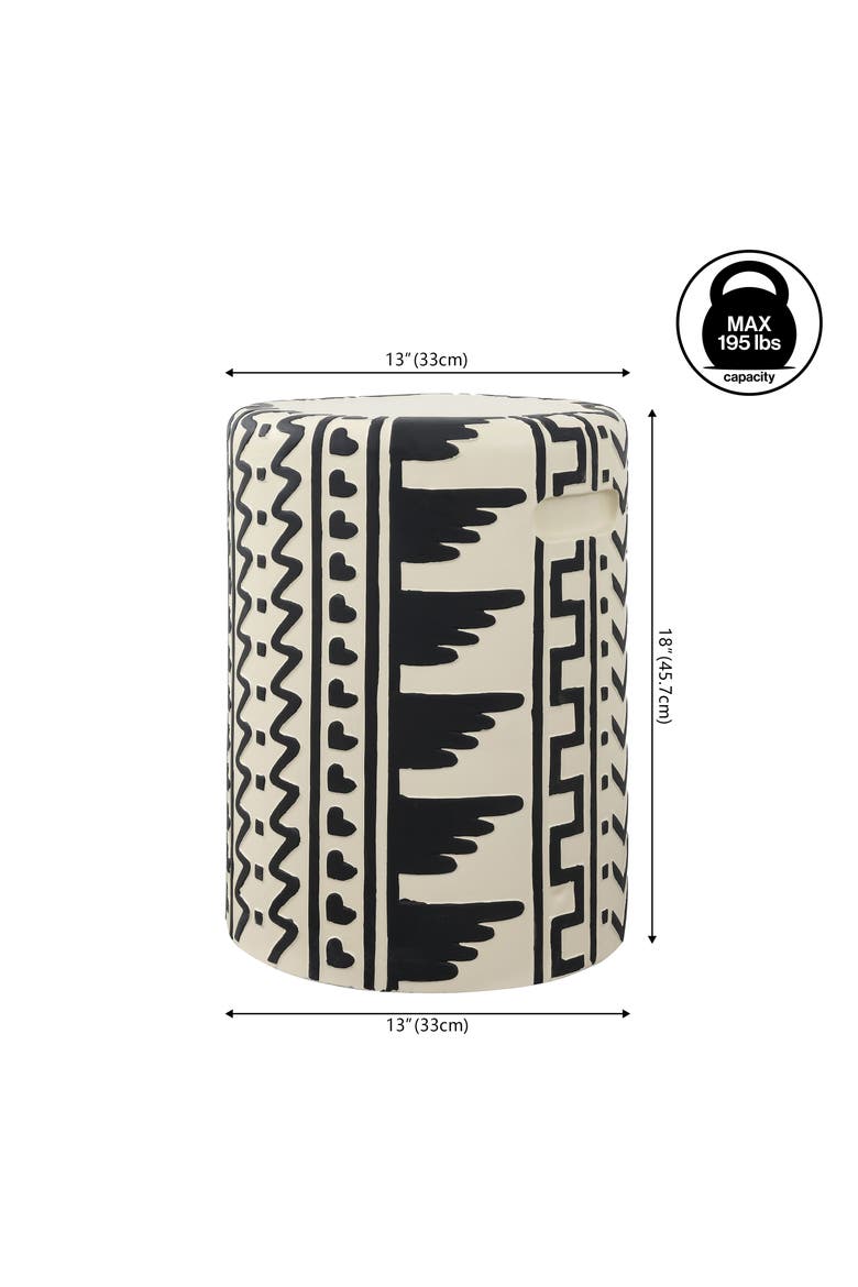 Yoli Bohemian Geometric Concrete Outdoor Garden Stool with Handles, Weatherproof Drum Accent Side Table for Patio & Deck, Alternate, color, Black/Cream