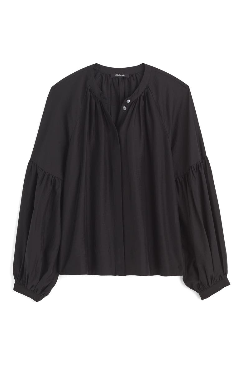 Shirred Balloon Sleeve Button-Up Top, Alternate, color, JET BLACK