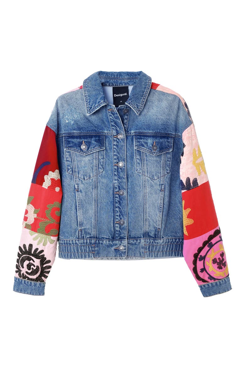 Short Patchwork Denim Jacket, Alternate, color, BLUE