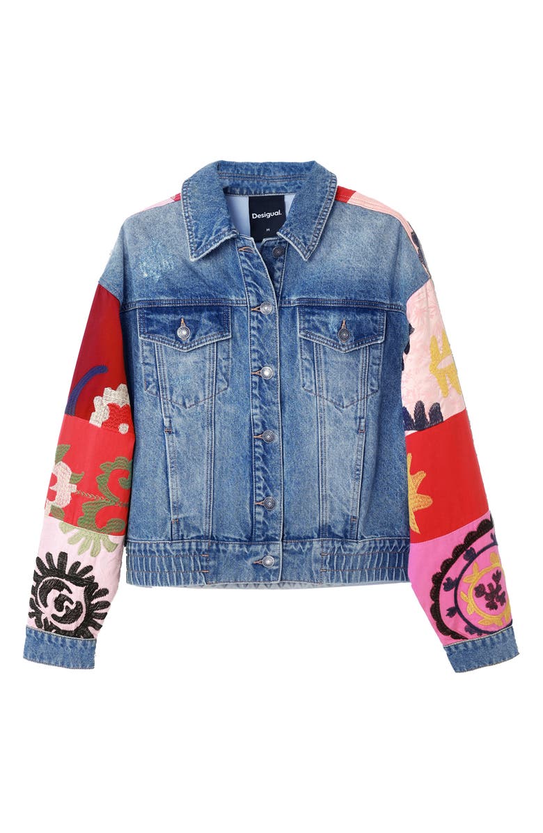 Desigual Short Patchwork Denim Jacket, Alternate, color, 