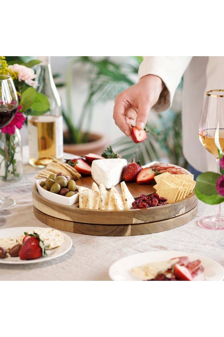 Acacia Wood Rotating Charcuterie Board with Ceramic Dishes, Alternate, color, Wood