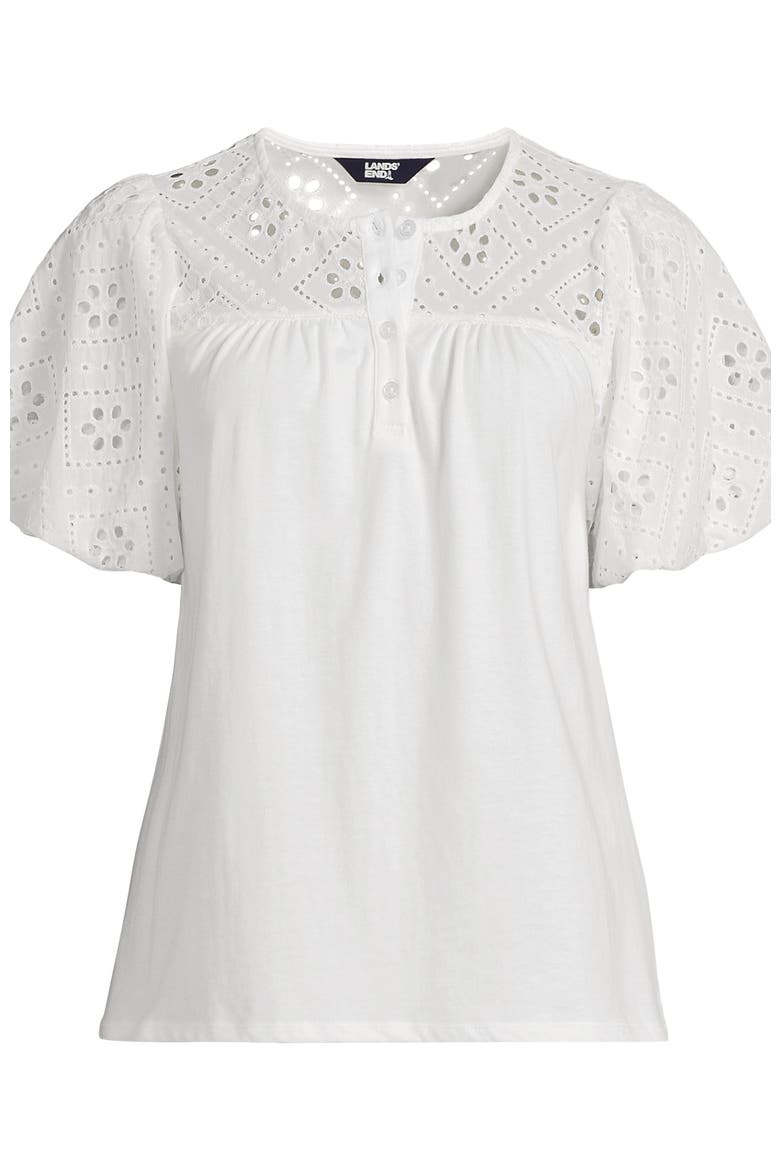 Eyelet Crew Puff Sleeve Top, Alternate, color, White
