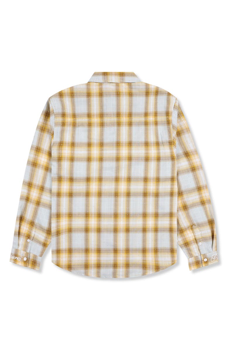 PLEASURES Dizzle Plaid Crystal Embellished Button-Up Shirt, Alternate, color, Dijon