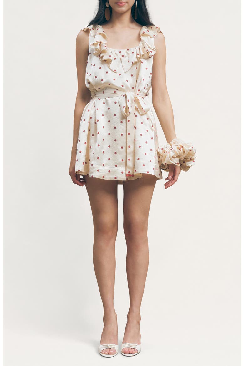 Sonia Polka Dot Ruffle Trim Babydoll Minidress with Hair Scrunchie, Main, color, IVORY RED DOTS