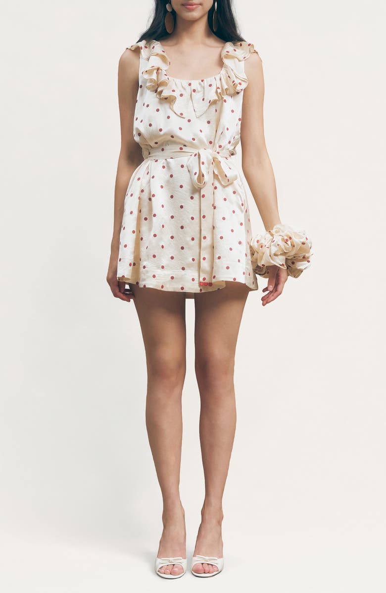 MAUDE CLUB Sonia Polka Dot Ruffle Trim Babydoll Minidress with Hair Scrunchie, Main, color, Ivory Red Dots