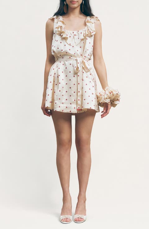 Sonia Polka Dot Ruffle Trim Babydoll Minidress with Hair Scrunchie