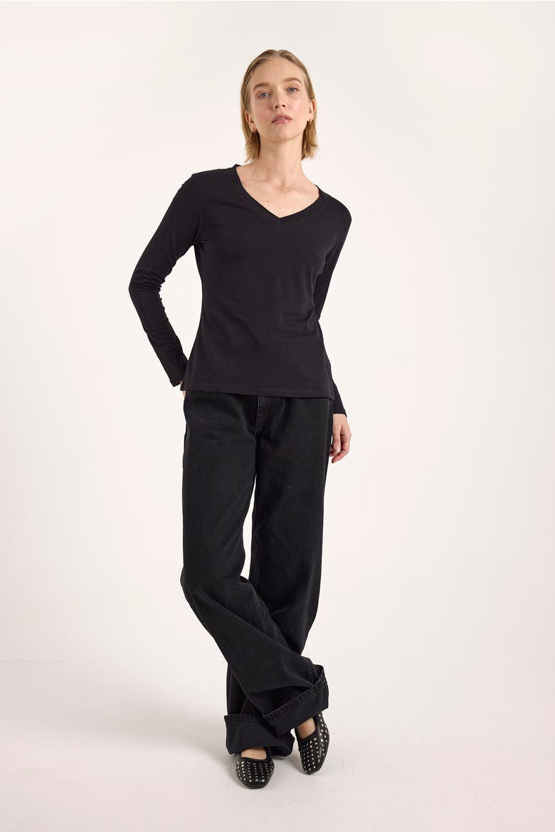 Long Sleeve Cotton V-Neck T-shirt, Main, color, Black